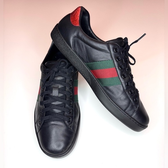 Gucci Men’s Ace Black Leather Python Embossed  Lace Up Sneakers Size- 9.5 - Picture 5 of 12